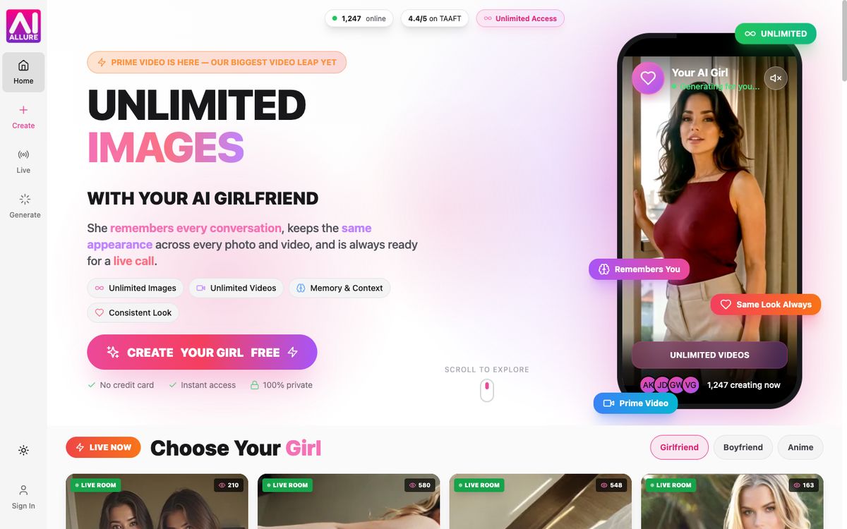 AI Girls by aiAllure home page on desktop, Oct 8, 2026