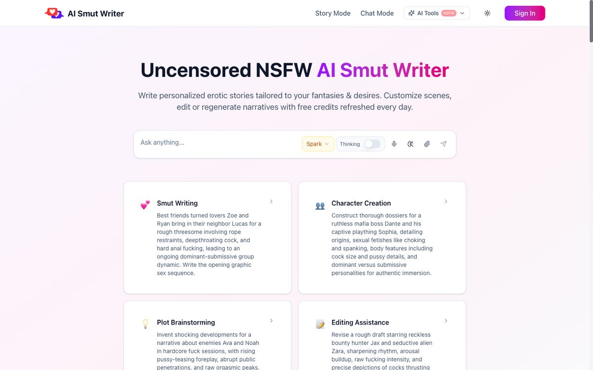 AI Smut Writer home page on desktop, Oct 8, 2026