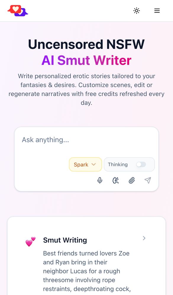 AI Smut Writer home page on a phone, Oct 8, 2026