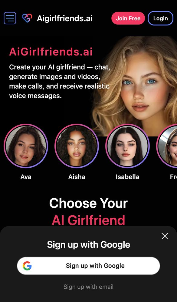 AIGirlfriends.ai home page on a phone, Oct 8, 2026