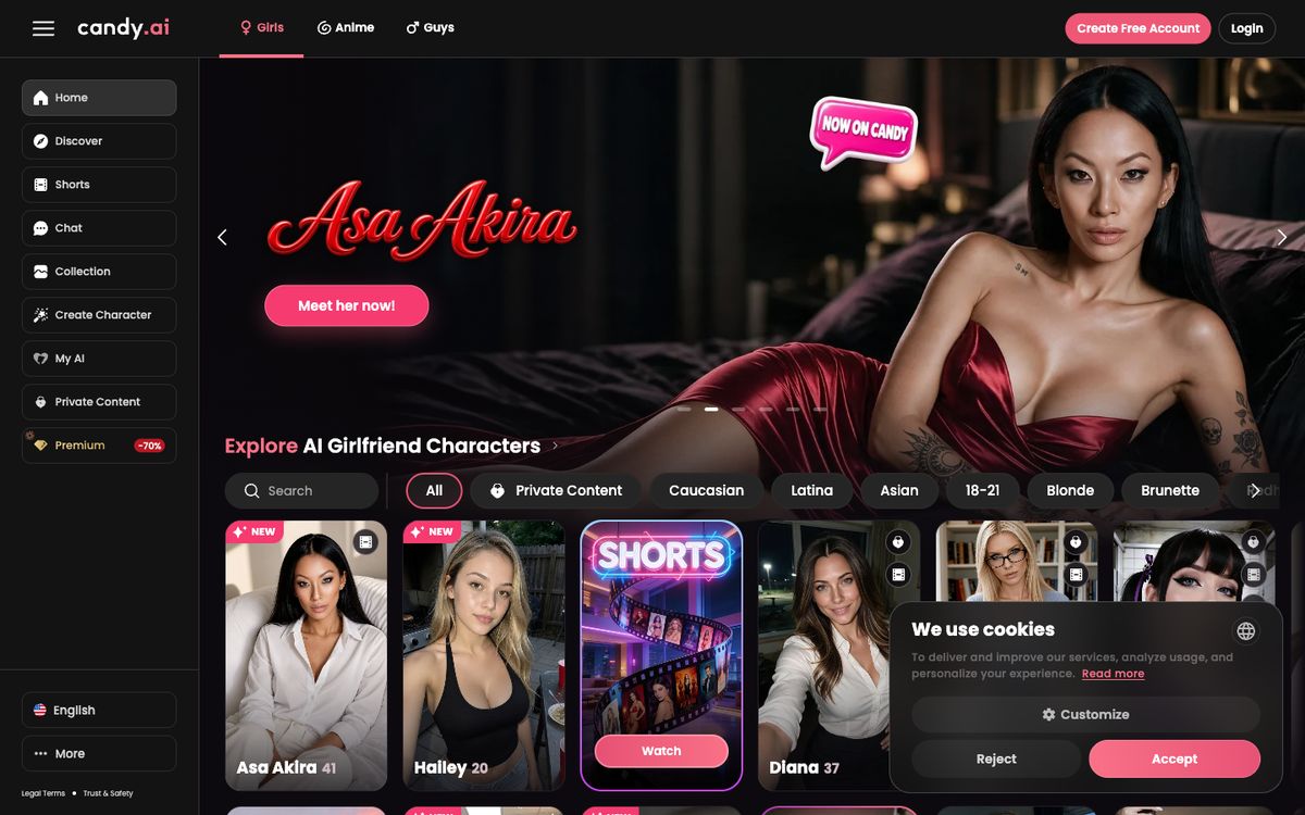 Candy AI home page on desktop, Oct 8, 2026