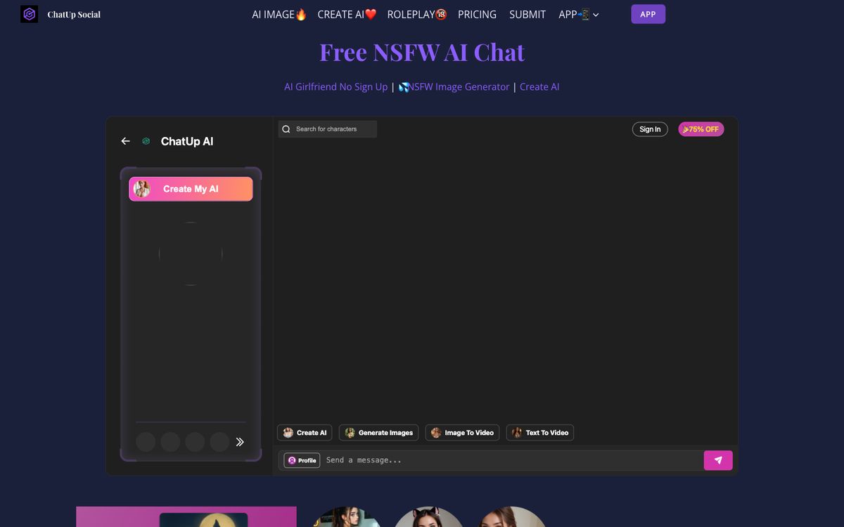 ChatUp Social home page on desktop, Oct 8, 2026