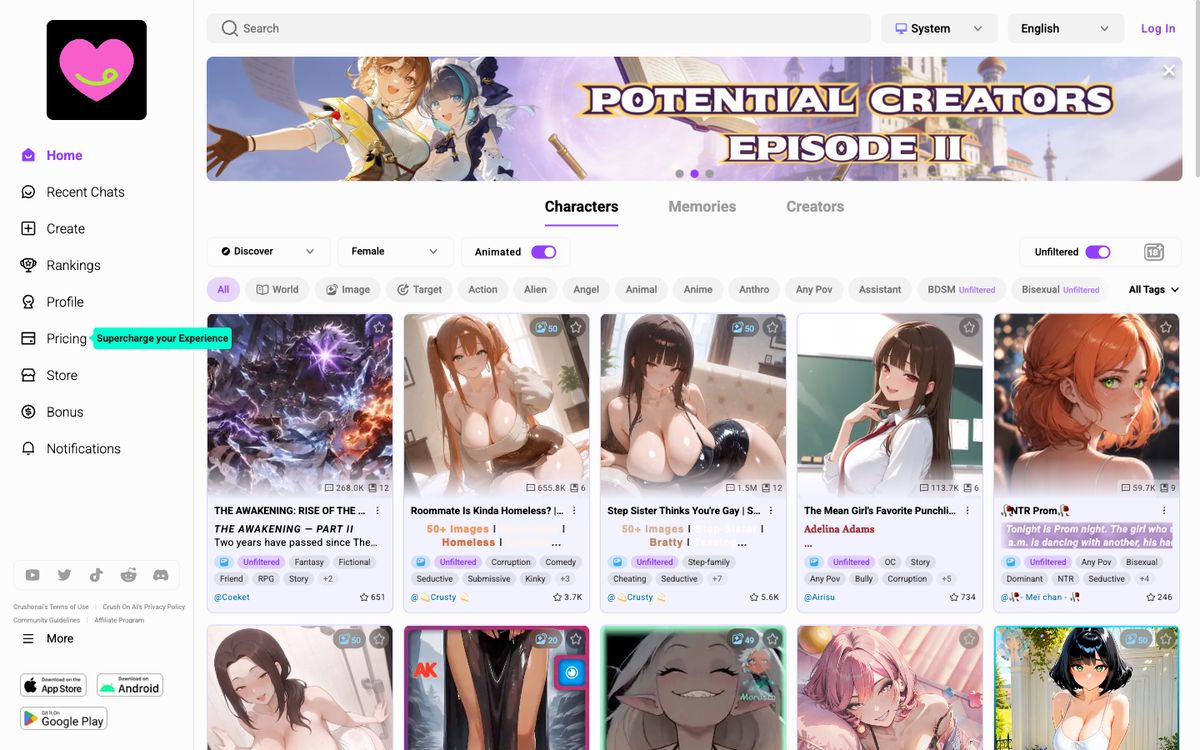 Crushon AI home page on desktop, Oct 8, 2026