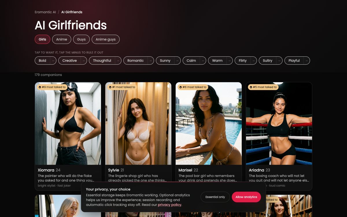 Eromantic AI home page on desktop, Oct 8, 2026