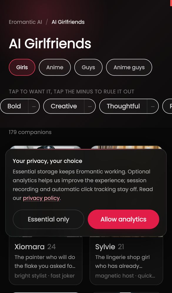 Eromantic AI home page on a phone, Oct 8, 2026