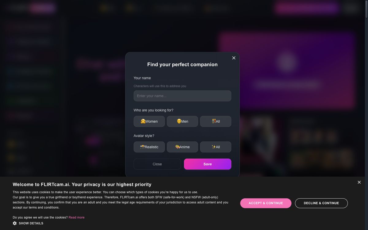 FlirtCam AI home page on desktop, Oct 8, 2026