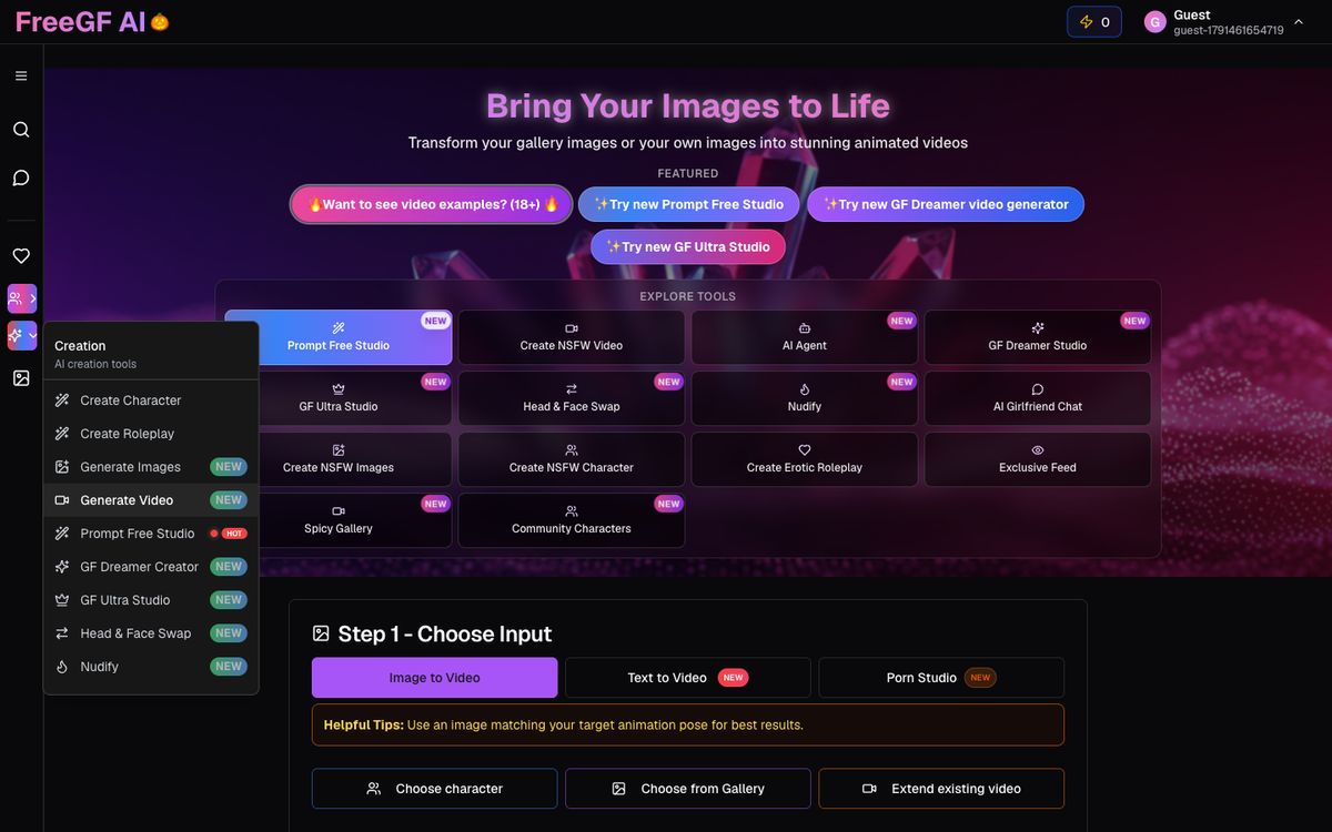 FreeGF AI home page on desktop, Oct 8, 2026