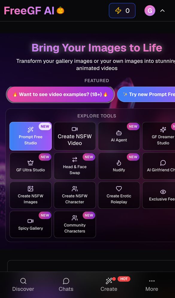 FreeGF AI home page on a phone, Oct 8, 2026