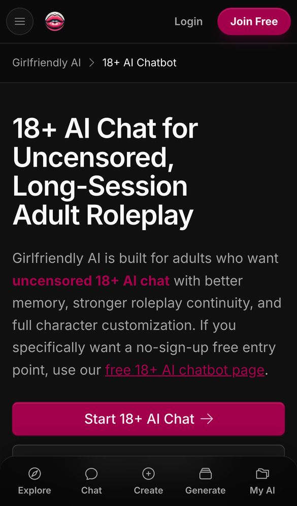 Girlfriendly AI home page on a phone, Oct 8, 2026