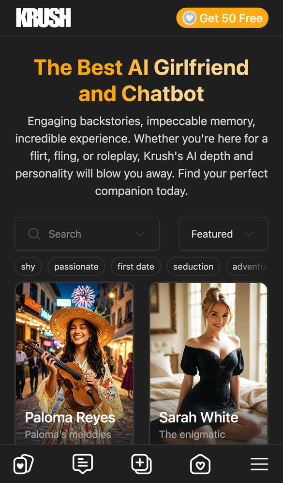 Krush Chat home page on a phone, Oct 8, 2026