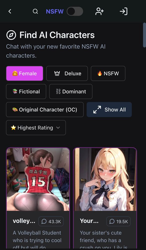 NSFWGirlfriend AI home page on a phone, Oct 8, 2026
