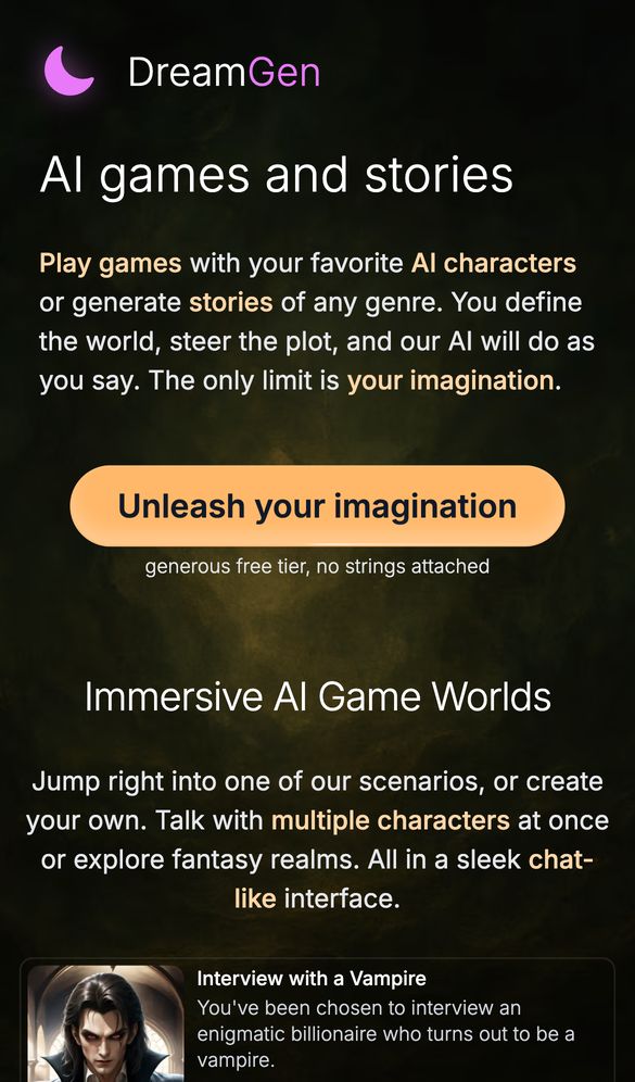 Role Play AI by DreamGen home page on a phone, Oct 8, 2026