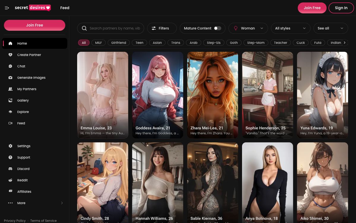 Secret Desires AI home page on desktop, Oct 8, 2026