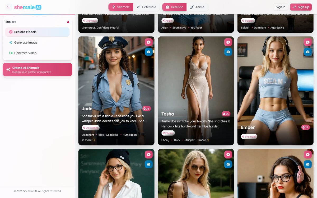 Shemale AI home page on desktop, Oct 8, 2026