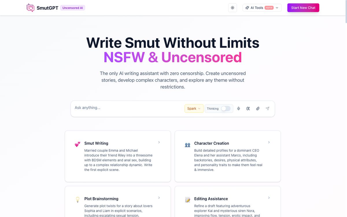 SmutGPT AI home page on desktop, Oct 8, 2026