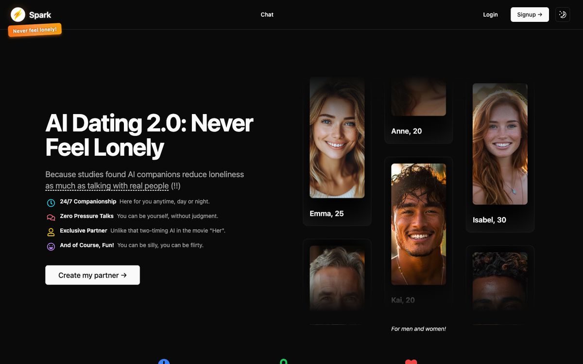 Spark AI Dating home page on desktop, Oct 8, 2026