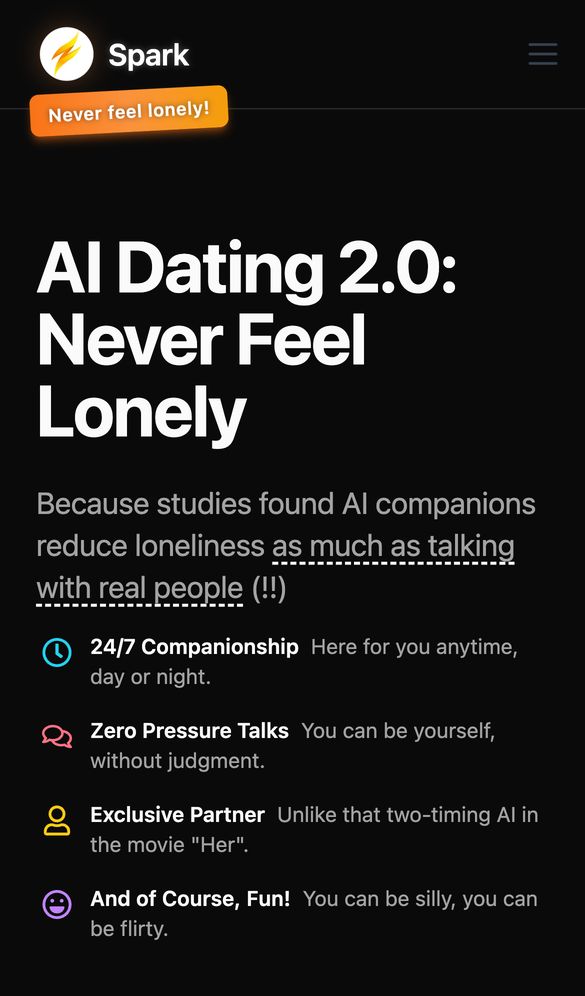 Spark AI Dating home page on a phone, Oct 8, 2026