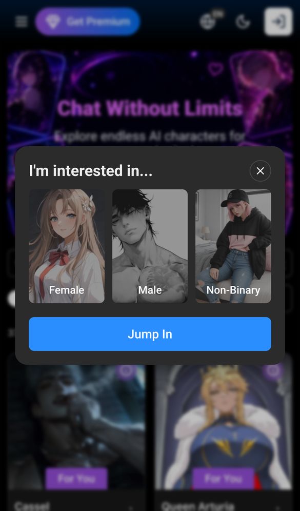 SpicyChat home page on a phone, Oct 8, 2026